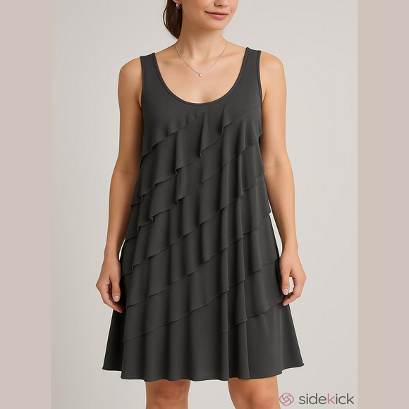Calvin Klein Boho Chic Layered Ruffle Black Dress | Flowy Festival | Size Large - Picture 1 of 11
